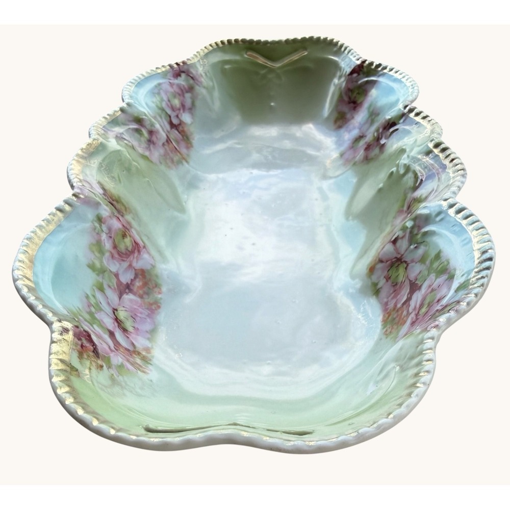 Antique Porcelain Celery Dish- Tray Scalloped Rim- Pastel Floral 1890s - Picture 3 of 6